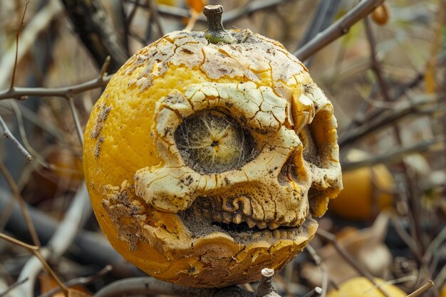 Photo pumpkin sculpté en décomposition avec surface texturée au milieu du feuillage d'automne décomposition saisonnière et halloween