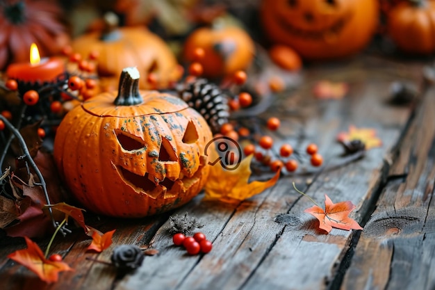 Photo pumpkins et accessoires d'halloween sur fond en bois