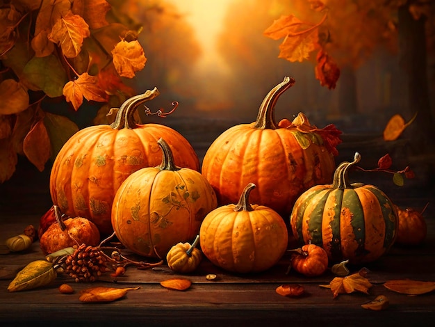 Pumpkins d'automne avec des feuilles
