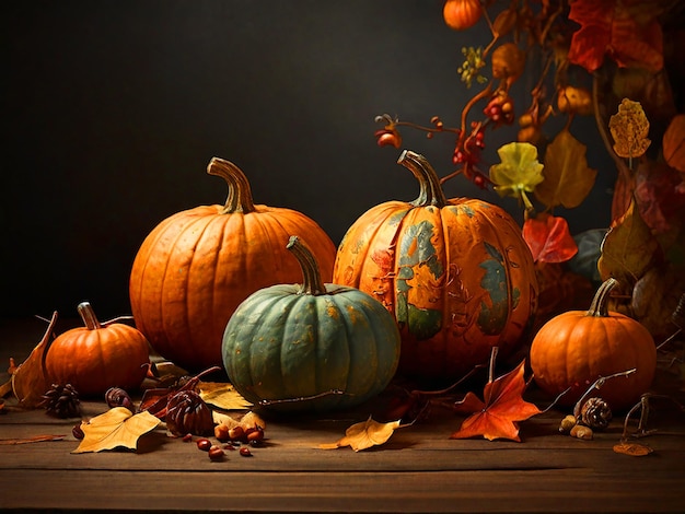 Pumpkins d'automne avec des feuilles