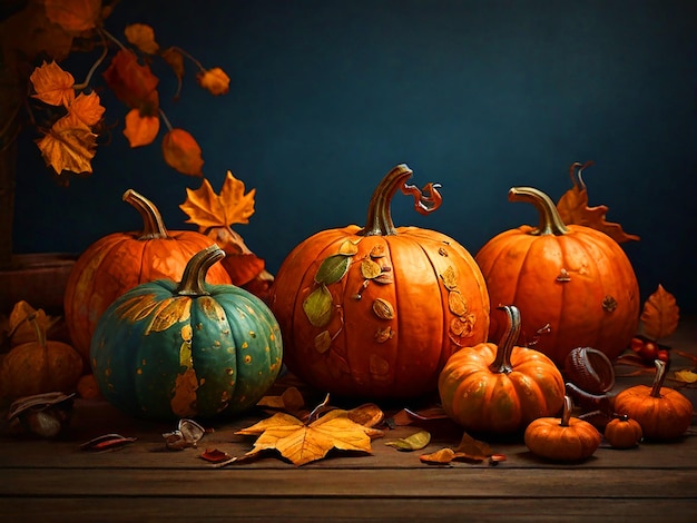 Pumpkins d'automne avec des feuilles