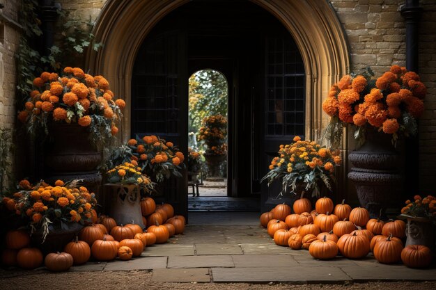 Photo pumpkins et fleurs décoration rustique de l'extérieur du bâtiment en plein air rue d'automne festive élégante