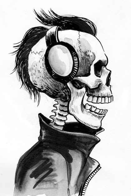 Punk mort dans un casque. Dessin noir et blanc à l'encre