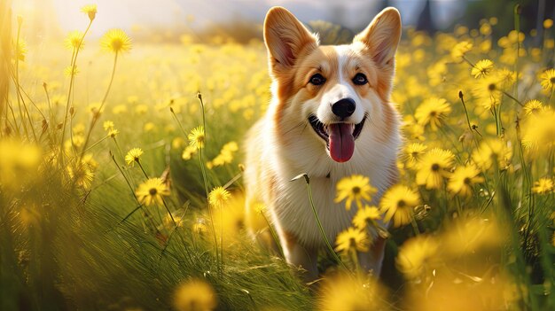 Photo la pure joie au printemps un chien corgi heureux est assis dans un champ de pissenlits souriant au milieu de la verdure vibrante