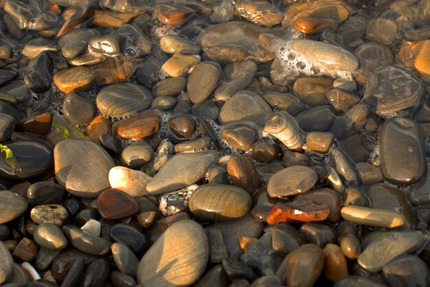 Une pure vague de mer transparente roule sur le rivage rocheux de galets le concept de repos et de voyage tranquillité détente et réflexion sur une chaude journée d'été gros plan