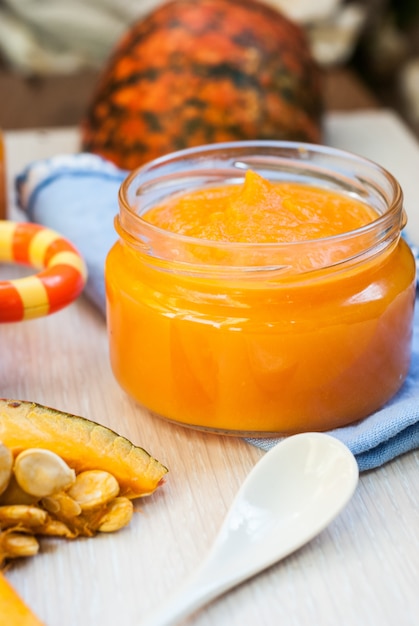 Purée de citrouille bio. Nourriture pour bébés.