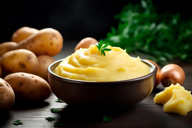 Photo la purée de pommes de terre dans un bol avec des pommes de terre crues à proximité mettant l'accent sur selective focus