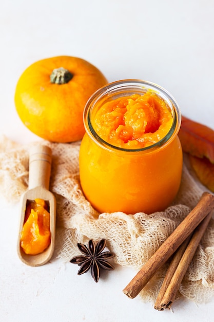 Purée de potiron biologique en conserve dans un bocal en verre avec de la citrouille fraîche, de la cannelle et de l'anis.