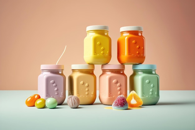 Purées colorées d'aliments pour bébés dans des bocaux en verre Génération AI