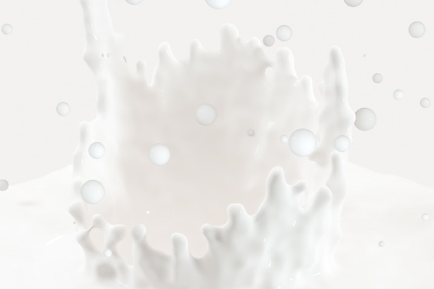 Pureté éclaboussant le lait avec des formes de couronne rendu 3d