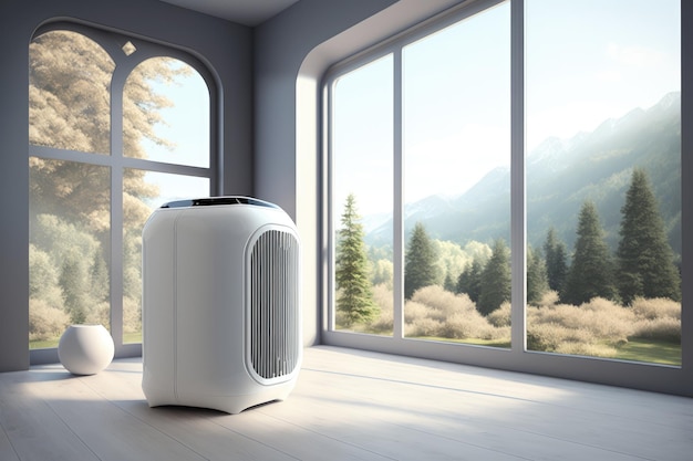 Purificateur d'air dans la chambre avec vue sur l'extérieur créant un environnement paisible et tranquille