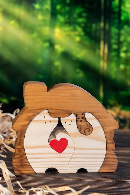 Puzzle en bois sous la forme d'une famille de chats faite à la main sur le fond de la forêt.