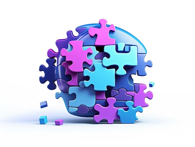 un puzzle de pièces violettes et bleues placées à l'intérieur d'un cerveau dans le style d'un logo