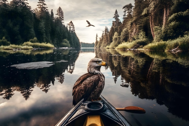 Un pygargue à tête blanche est assis dans un kayak avec un oiseau volant au-dessus