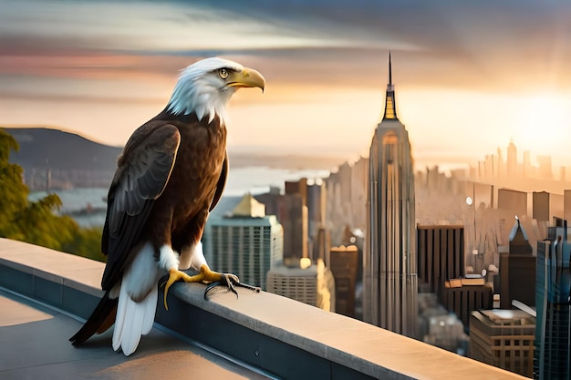 Un pygargue à tête blanche est assis sur un toit surplombant l'empire state building