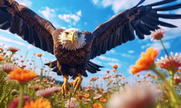 Pygargue à tête blanche volant sur fond de ciel bleu champ de fleurs Ai générative