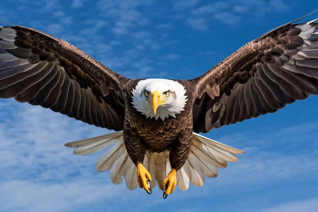 Un pygargue à tête blanche vole dans le ciel avec les ailes déployées.