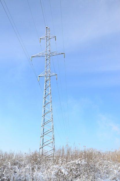 Le pylône électrique est situé dans une zone marécageuse recouverte de neige