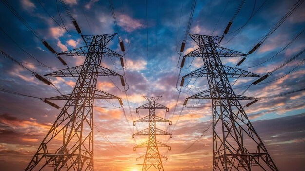 Pylône électrique à haute tension et fil électrique avec des poteaux électriques au coucher du soleil