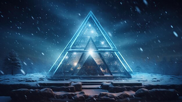 pyramide bleue dans une chute de neige la nuit ai générative