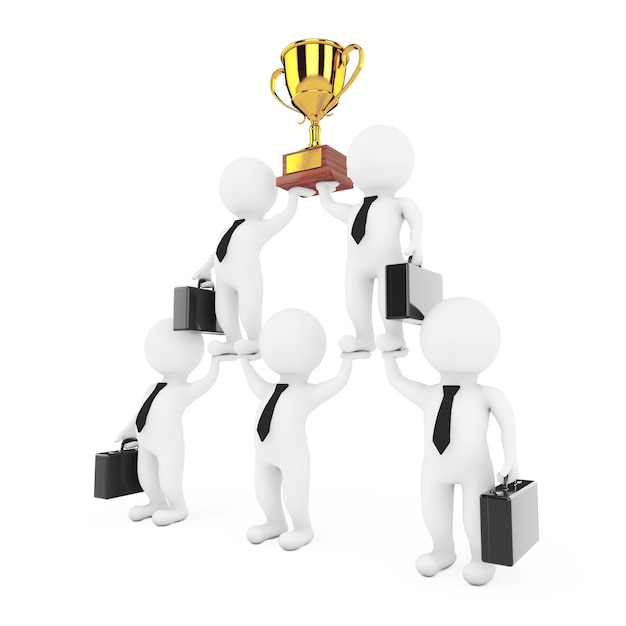 La pyramide de caractère de l'équipe d'affaires 3d avec le trophée d'or montre la hiérarchie et le travail d'équipe sur un fond blanc. Rendu 3D