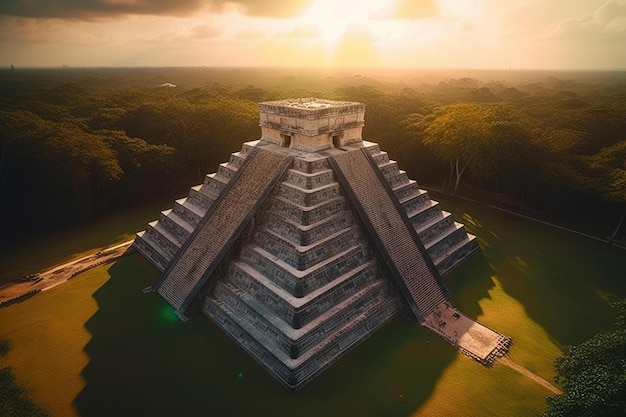 La pyramide de chichen itza est entourée d'arbres et le soleil est visible.