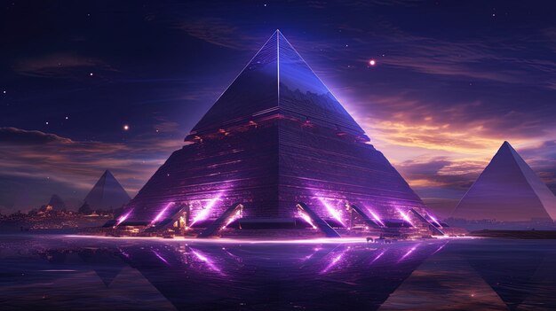 Photo une pyramide avec un ciel violet et le mot pyramide dessus