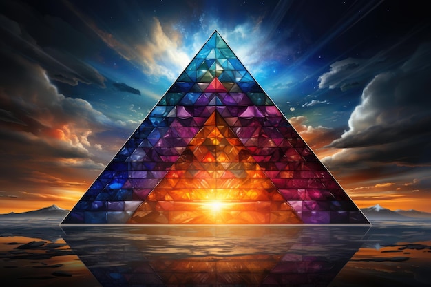 Une pyramide avec un coucher de soleil en arrière-plan