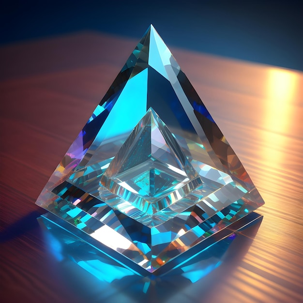 Une pyramide de cristal sur une table avec un fond bleu