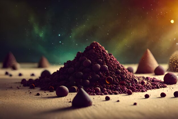 une pyramide de framboises sur fond d'étoiles.