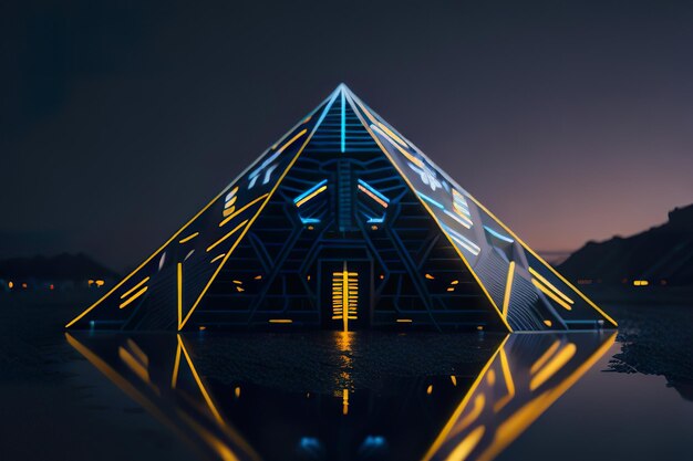 Pyramide moderne avec des lumières la nuit AI générative