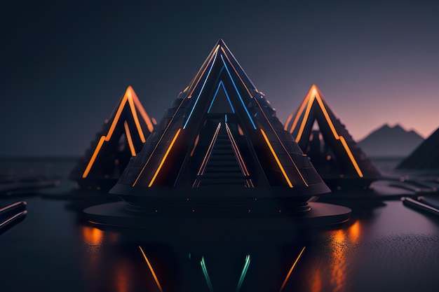 Pyramide moderne avec des lumières la nuit AI générative