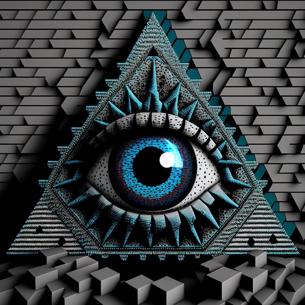 Une pyramide avec un oeil bleu et un oeil noir.