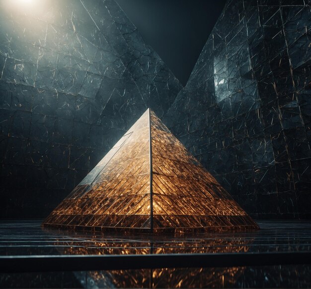 une pyramide qui est faite de métal et a une réflexion de la lumière sur elle