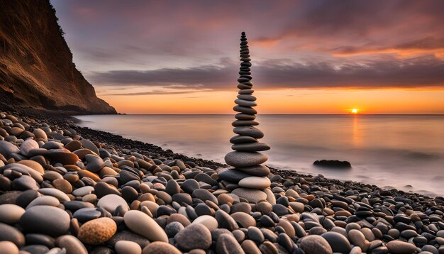 une pyramide de rochers est posée sur une plage avec un coucher de soleil en arrière-plan