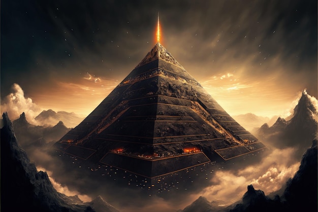 Pyramide sombre futuriste planant au-dessus de la surface de la Terre dans un cadre scifi Fantasy concept Illustration peinture Generative AI