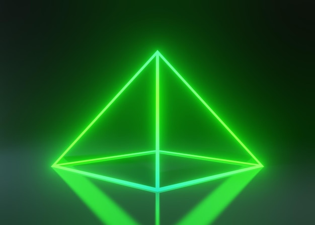 Pyramide verte composée de lignes lumineuses sur un fond noir Illustration de rendu 3D