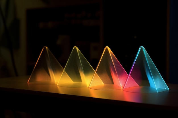 Photo pyramides arafées de lumière colorée sur une table dans une pièce sombre ai générative