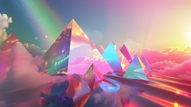 Des pyramides de cristal brillantes sous un ciel arc-en-ciel holographique