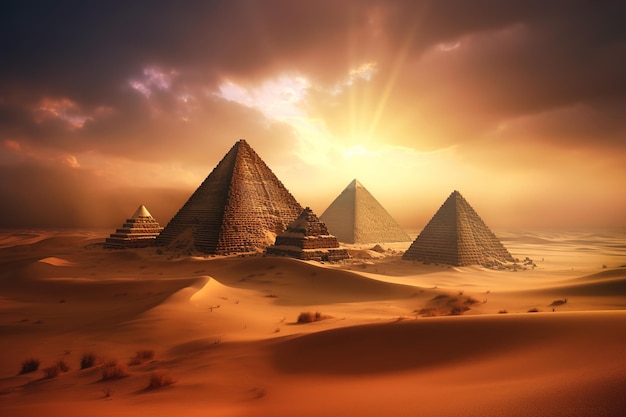 pyramides dans le désert avec un ciel brumeux derrière elles
