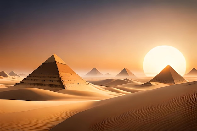 Pyramides dans le désert avec le coucher du soleil