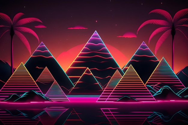 Pyramides d'Egypte dans le style de style lumineux néon coloré synthwave