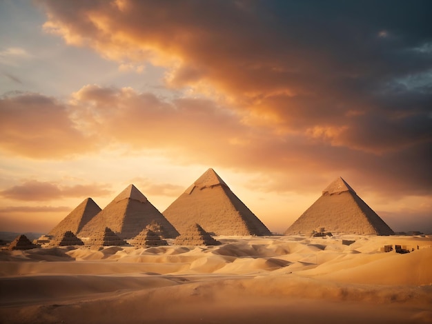 Pyramides égyptiennes au coucher du soleil et ciel dramatique