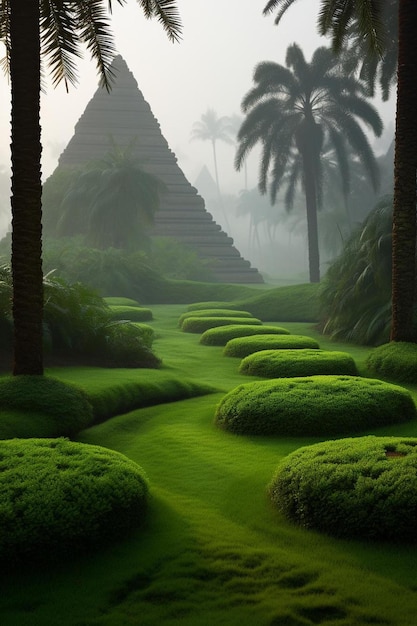 les pyramides égyptiennes dans un champ vert un matin brumeux