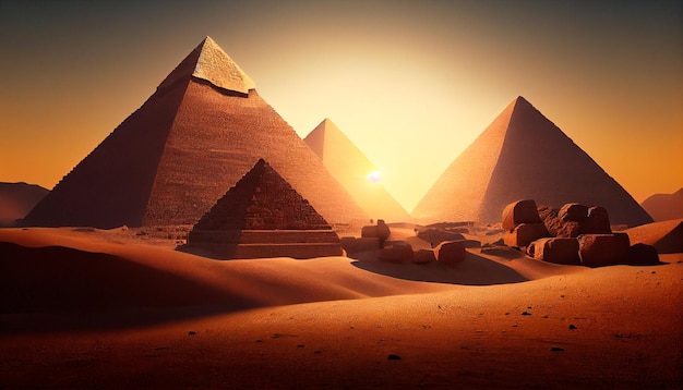 Pyramides égyptiennes dans le désert avec le coucher du soleil du soir Generative AI