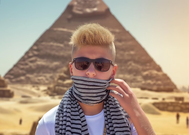 Les pyramides de Gizeh, en Égypte Un portrait d'un touriste adolescent
