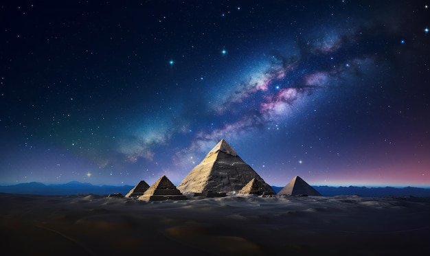 Les pyramides la nuit dans le désert la nuit sous les étoiles AI générative