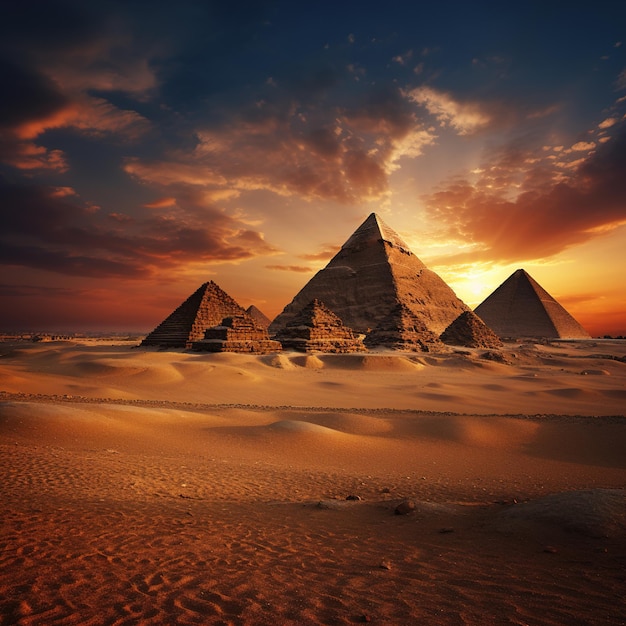 pyramides avec le soleil se couchant derrière elles