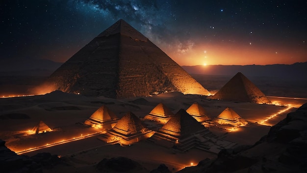 les pyramides et un splendide ciel étoilé avec l'univers cosmique