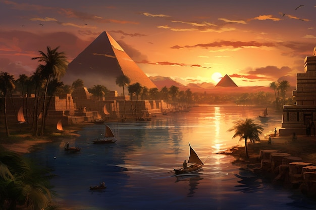 Pyramides de la tranquillité du Nil Sphinx et vie égyptienne quotidienne au crépuscule